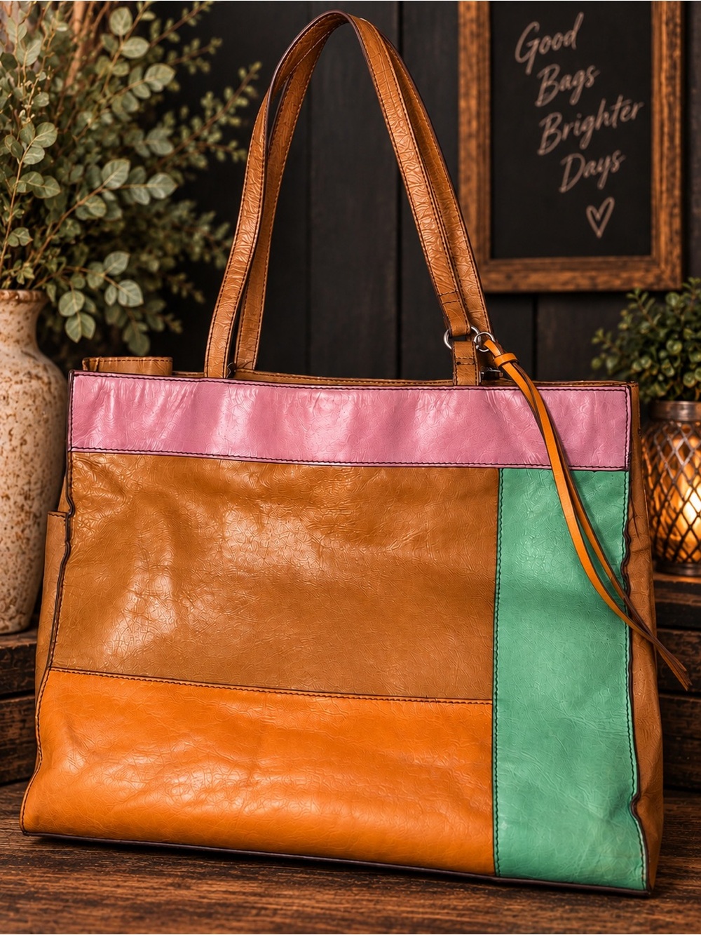 HOBO International Colorblock Leather Large Tote Bag Cognac Pink Mint